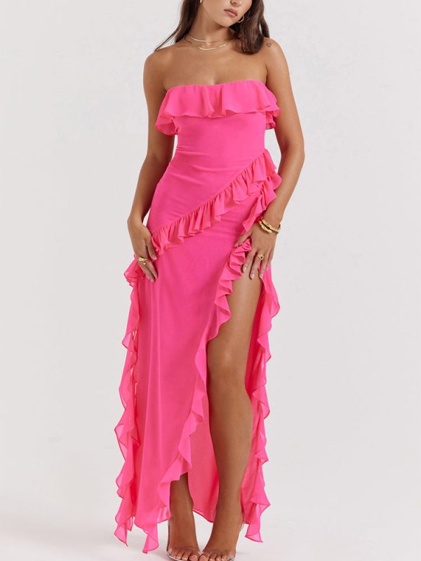 Fuchsia Strapless Ruffle Side Slit Maxi Dress