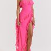 Fuchsia Strapless Ruffle Side Slit Maxi Dress