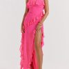 Fuchsia Strapless Ruffle Side Slit Maxi Dress