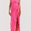 Fuchsia Strapless Ruffle Side Slit Maxi Dress