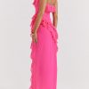 Fuchsia Strapless Ruffle Side Slit Maxi Dress