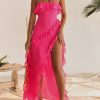 Fuchsia Strapless Ruffle Side Slit Maxi Dress