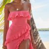 Fuchsia Strapless Ruffle Side Slit Maxi Dress