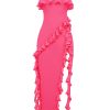 Fuchsia Strapless Ruffle Side Slit Maxi Dress