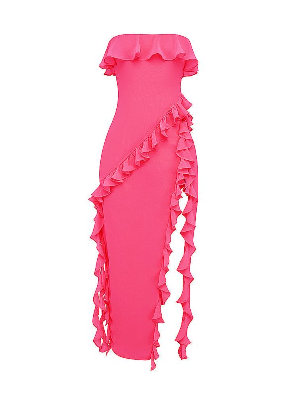 Fuchsia Strapless Ruffle Side Slit Maxi Dress