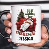 Funny Fat Santa Couch Personalized Mug, Just Waiting for Christmas Gift with Custom Name
