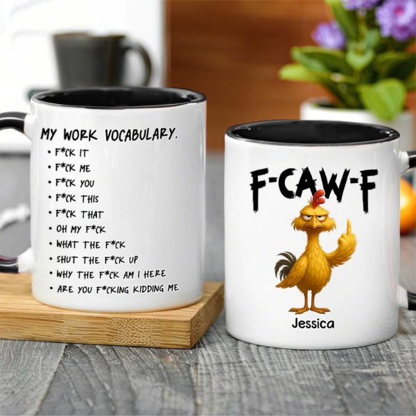 Funny Personalized Ceramic Mug with Grumpy Chicken and Work Vocabulary Quote, Creative Desk Gift for Coworkers