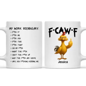 Funny Personalized Ceramic Mug with Grumpy Chicken and Work Vocabulary Quote, Creative Desk Gift for Coworkers