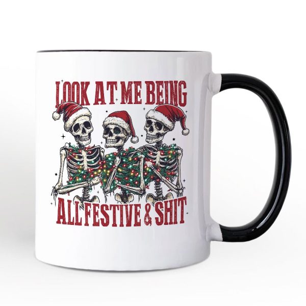 Funny Skeletons in Santa Hat Christmas Personalized Mug, Look At Me Being All Festive Gift with Custom Name