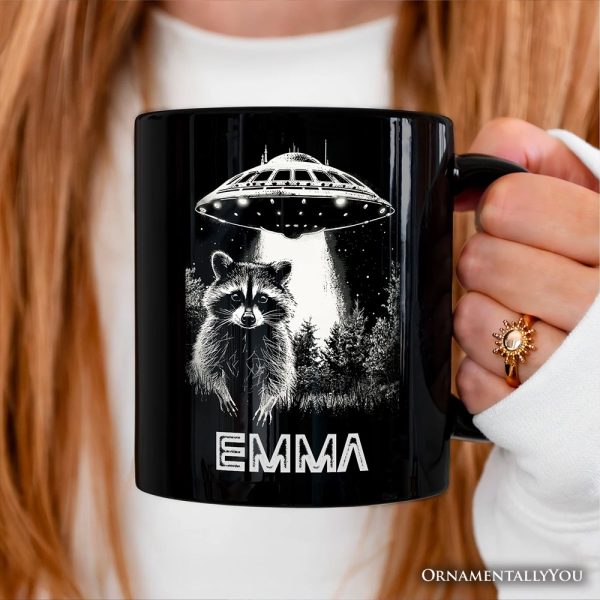 Funny UFO Raccoon Personalized Mug, Alien Gift with Custom Name