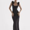 Fur Strap Black Satin Maxi Slip Dress
