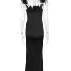 Fur Strap Black Satin Maxi Slip Dress