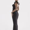 Fur Strap Black Satin Maxi Slip Dress