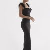 Fur Strap Black Satin Maxi Slip Dress