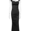 Fur Strap Black Satin Maxi Slip Dress