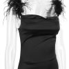Fur Strap Black Satin Maxi Slip Dress