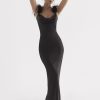 Fur Strap Black Satin Maxi Slip Dress