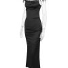 Fur Strap Black Satin Maxi Slip Dress