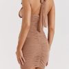 Gathered Plunge Neck Halter Backless Mini Dress