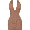 Gathered Plunge Neck Halter Backless Mini Dress