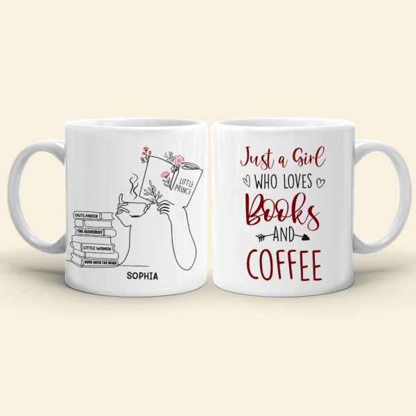 Girl Reading & Drink Coffee Line Art - Custom Book Title Mug - Gift For Book Lovers