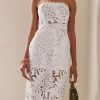 Glamorous Leaf Laser Cut Strapless Bandage Cocktail Midi Dress - White