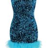 Glamorus Feather Trim Strapless Velvet Sequin Party Mini Dress - Blue