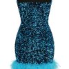 Glamorus Feather Trim Strapless Velvet Sequin Party Mini Dress - Blue
