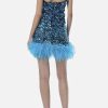 Glamorus Feather Trim Strapless Velvet Sequin Party Mini Dress - Blue