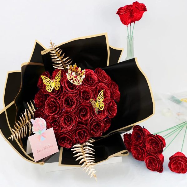 Glitter Artificial Red Rose Bouquet Eternal Silk Roses for Valentine’s Day and Birthday Gifts