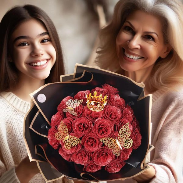 Glitter Artificial Red Rose Bouquet Eternal Silk Roses for Valentine’s Day and Birthday Gifts