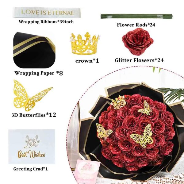 Glitter Artificial Rose Bouquet 24PCS for Wedding Decor