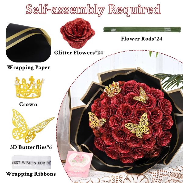 Glitter Artificial Rose Bouquet 24PCS for Wedding Decor
