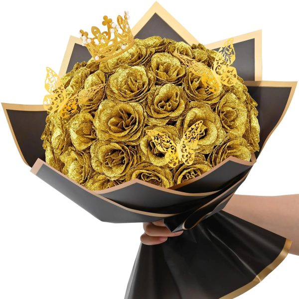 Glitter Artificial Rose Bouquet 24PCS for Wedding Decor