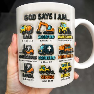 God Says I Am Bold, Accepted, Handsome, Strong, Kind, Construction Vehicles - Personalized Custom Coffee Mug - KID074_MG