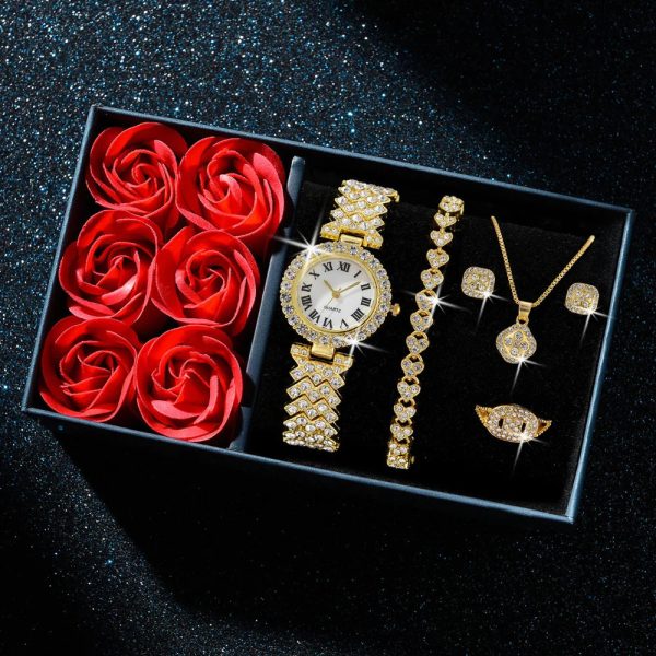 Gold Quartz Watch Jewelry Set for Women