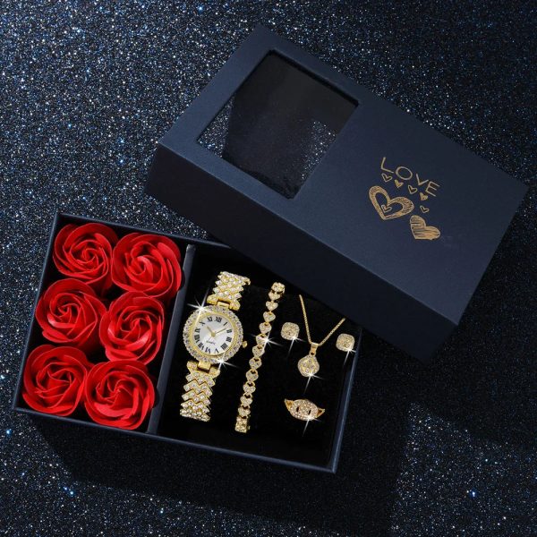Gold Quartz Watch Jewelry Set for Women