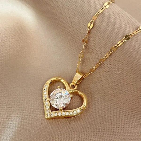 Golden Heart Pendant Necklace with Zircon Accent