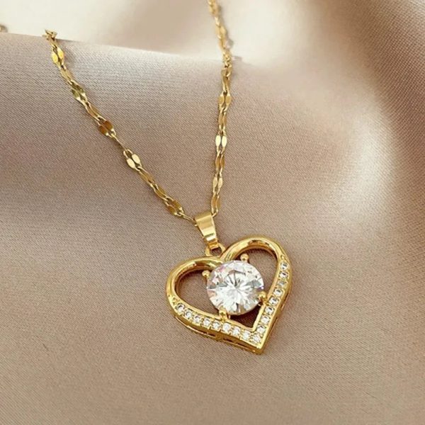 Golden Heart Pendant Necklace with Zircon Accent