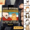 Good Morning Happy Cat Dad Human Servant Fluffy Cat Punch Hand Personalized Black Mug