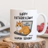 Good Morning Happy Father's Day Human Servant Funny Cats Sitting On Laptop Personalized Mug