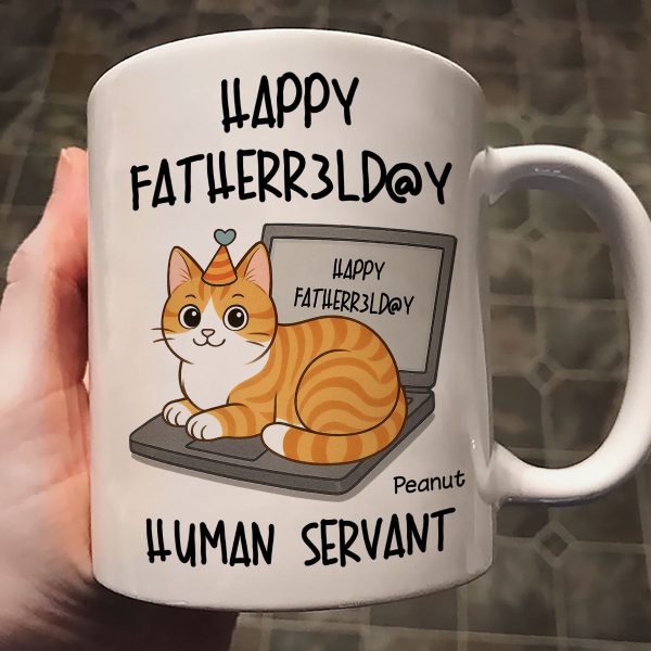 Good Morning Happy Father's Day Human Servant Funny Cats Sitting On Laptop Personalized Mug
