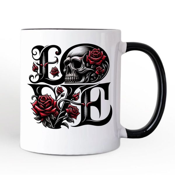 Gothic Love Skull Roses Personalized Mug, Dark Valentine Romance Gift with Custom Name