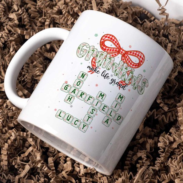 Grandkids Make Life Grand Coquette Floral Christmas Pattern Crossword Puzzle Art - Personalized Mug