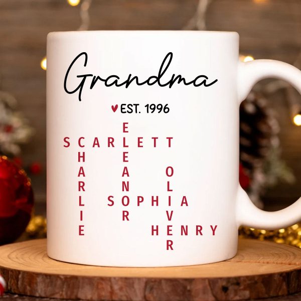 Grandma Est. Grandkids Names Crossword Puzzle Art Personalized Mug