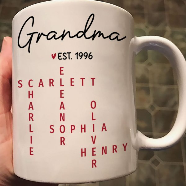Grandma Est. Grandkids Names Crossword Puzzle Art Personalized Mug