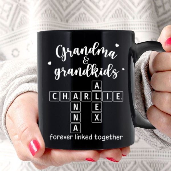 Grandma Grandpa & Grandkids Forever Linked Together Crossword Puzzle Personalized Mug