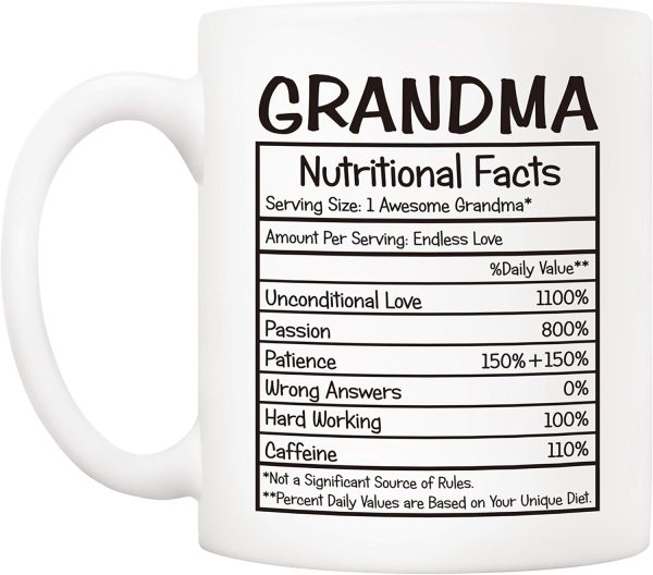Grandma Nutritional Facts Coffee Mug Funny Gift for Grandma from Granddaughter Grandson, Mothers Day Birthday Christmas Gift for Grandma