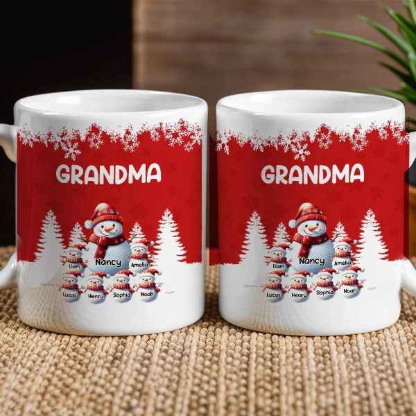 Grandma's Christmas Mug with Snowman Family, Cute Red Winter Scene, Durable Ceramic, Warm Morning Coffee, Creative Gift