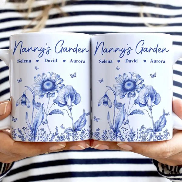 Grandma's Garden Toile Birth Flower - Personalized White Edge-to-Edge Mug